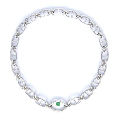 Capsule Eleven Women's Chunky Silver Chain Eye Necklace Green Onyx In Metallic