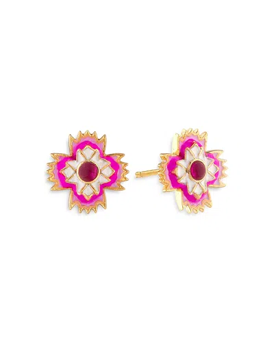 Capucine De Wulf Dianthus Enamel And Pink Jade Stud Earrings In Gold