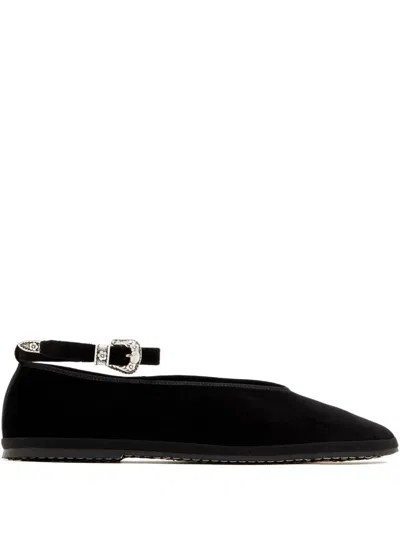 Capulette Buckle-embellished Velvet Flats In Black