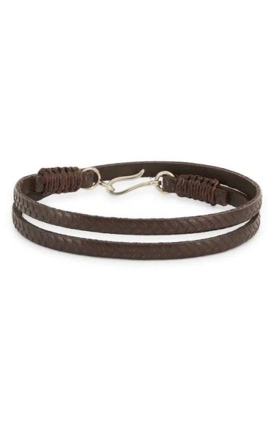 Caputo & Co Sterling Silver Woven Embossed Leather Wrap Bracelet In Dark Brown