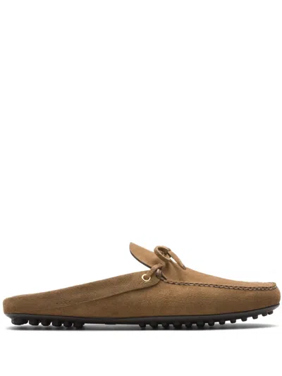 Car Shoe Bow-embellished Suede Slippers In Brown