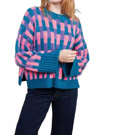 Cara & The Sky Charlotte Geometric Knit Sweater In Teal In Multi