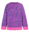 Cara & The Sky Women's Blue / Pink Jennie Cable High Neck Balloon Sleeve Jumper - Denim In Pink
