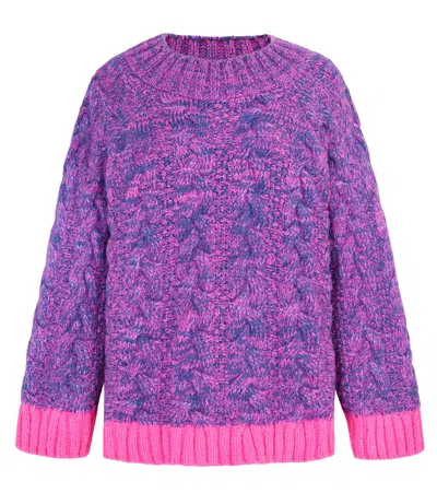 Cara & The Sky Women's Blue / Pink Jennie Cable High Neck Balloon Sleeve Jumper - Denim