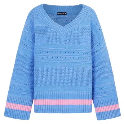 Cara & The Sky Women's Blue / Pink Judith Pointelle Stitch V Neck Jumper - Blue
