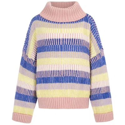 Cara & The Sky Women's Blue / Pink Tasha Oversized Balloon Sleeve Stripe Roll Neck Jumper - Pink In Multi