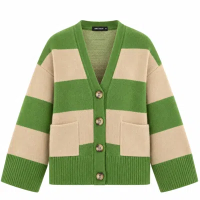 Cara & The Sky Women's Candice Chunky Stripe V Neck Button Cardigan - Green & Beige