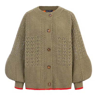 Cara & The Sky Women's Green Brigit Balloon Sleeve Chunky Knit Cardigan - Khaki