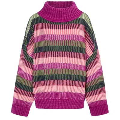 Cara & The Sky Women's Green / Purple Tasha Oversized Balloon Sleeve Stripe Roll Neck Jumper - Purple In Multi