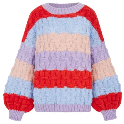 Cara & The Sky Women's Orange / Blue / Purple Mandy Criss-cross Stitch Balloon Sleeve Stripe Jumper - Orange In Multi