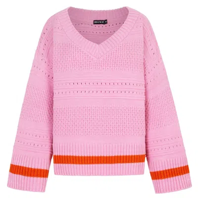Cara & The Sky Women's Orange / Pink Judith Pointelle Stitch V Neck Jumper - Pink
