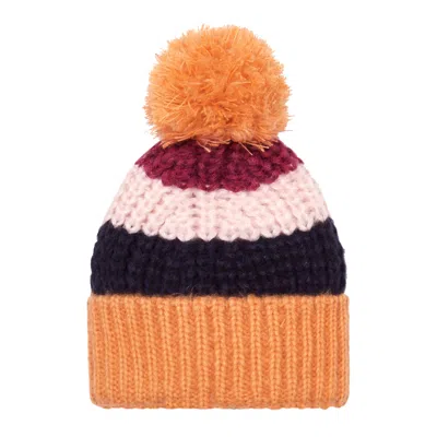 Cara & The Sky Women's Phoebe Stripe Beanie Bobble Hat - Berry In Orange