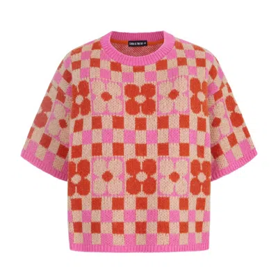 Cara & The Sky Women's Pink / Orange / Neutrals Lucky Flower Checkerboard Knitted T-shirt - Pink In Multi