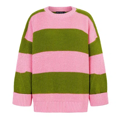 Cara & The Sky Women's Pink / Purple / Green Rhiannon Recycled Cotton Chunky Stripe Jumper - Pink And Green In Pink/purple/green