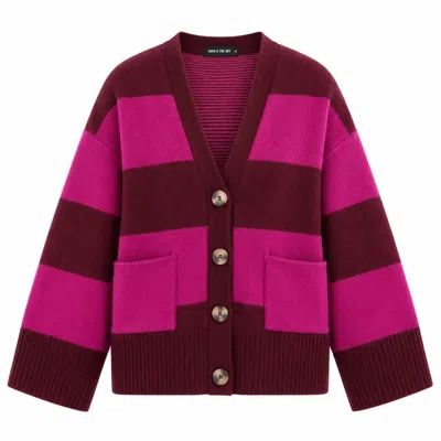 Cara & The Sky Women's Purple Candice Chunky Stripe V Neck Button Cardigan - Burgundy & Fuchsia In Multi