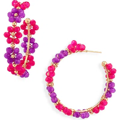 Cara Beaded Flower Hoop Earrings In Purple