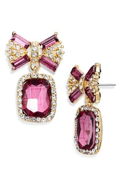 Cara Bow Top Crystal Drop Earrings In Pink