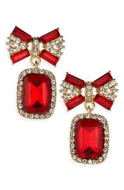 Cara Bow Top Crystal Drop Earrings In Red