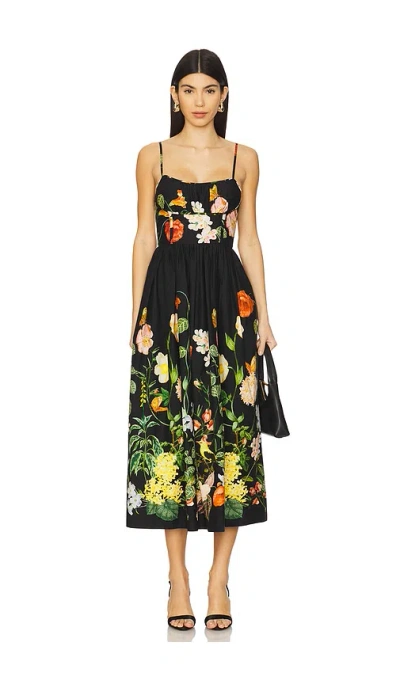 Cara Cara Alba Floral-print Gathered Smocked Cotton-poplin Midi Dress In Black