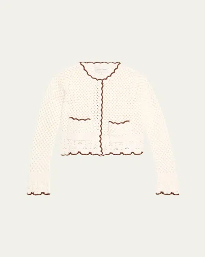 Cara Cara Alma Crochet Knit Cardigan In Ivory Coffee Scallop Trim