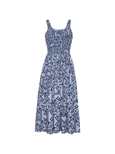 Cara Cara Bergamo Tile-print Smocked-waist Midi Dress In Blue