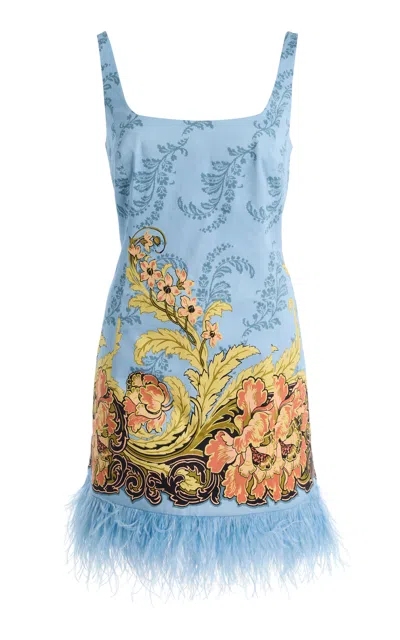 Cara Cara Carlie Feather-trimmed Cotton-sateen Mini Dress In Blue