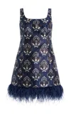 Cara Cara Carlie Printed Mini Dress With Feather Trim In Blue
