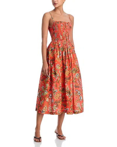 Cara Cara Carmen Ruffled-trim Smocked-panel Midi Dress In Orange