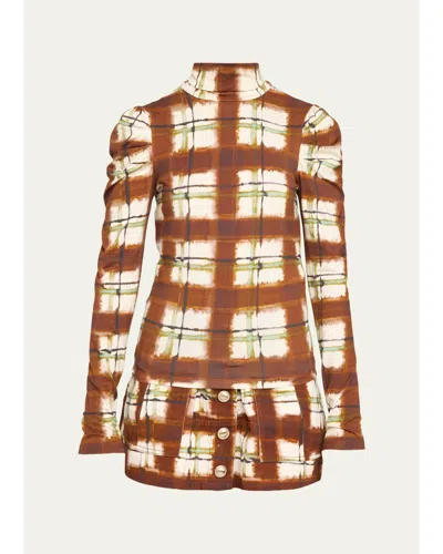 Cara Cara Chira Blurred Plaid Turtleneck Top In Brown