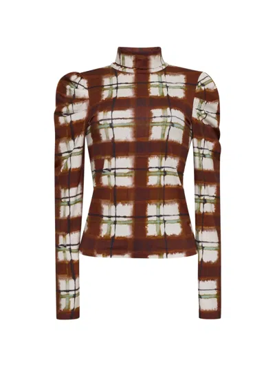 Cara Cara Chira Plaid Puff-sleeve T-shirt In Brown