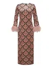 Cara Cara Danya Printed Dress With Feather Cuffs In Brown