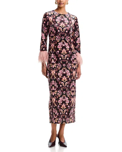 Cara Cara Dayna Printed Feather Trim Maxi Dress In Multi