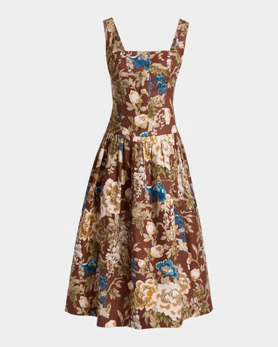 Cara Cara Feliz Floral Linen Midi Dress In Brown