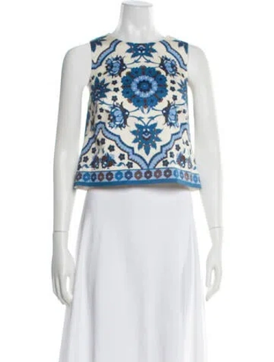 Pre-owned Cara Cara Floral Print Crew Neck Top In White