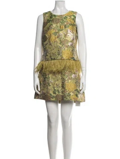 Pre-owned Cara Cara Floral Print Feather Trim Skirt Set In Yellow