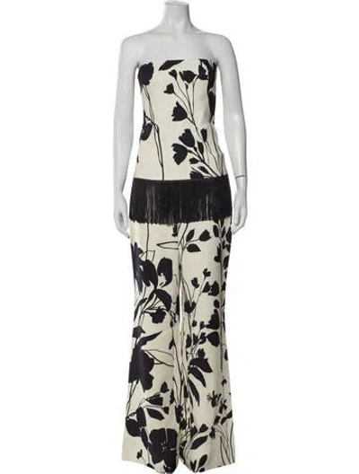 Pre-owned Cara Cara Floral Print Fringe Trim Accent Pant Set In Neutrals