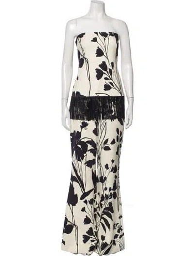 Pre-owned Cara Cara Floral Print Fringe Trim Accent Pant Set W/ Tags In Neutrals