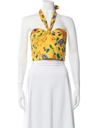Pre-owned Cara Cara Floral Print Halterneck Crop Top W/ Tags In Yellow