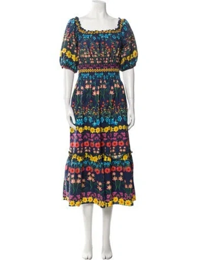 Pre-owned Cara Cara Floral Print Long Dress In Blue