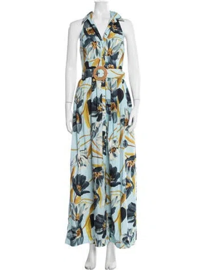 Pre-owned Cara Cara Floral Print Long Dress In Blue