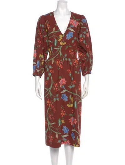 Pre-owned Cara Cara Floral Print Long Dress In Brown
