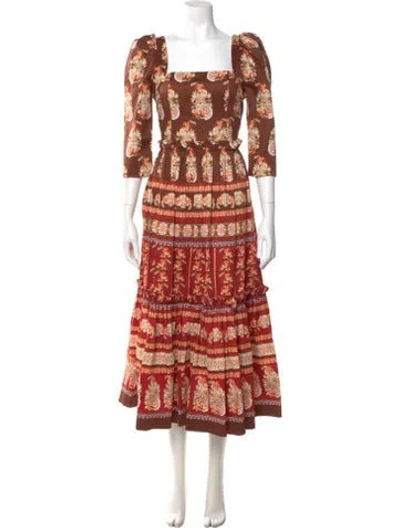 Pre-owned Cara Cara Floral Print Long Dress In Brown