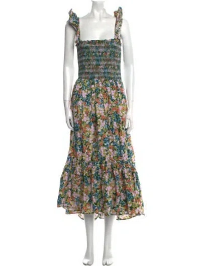 Pre-owned Cara Cara Floral Print Long Dress In Green