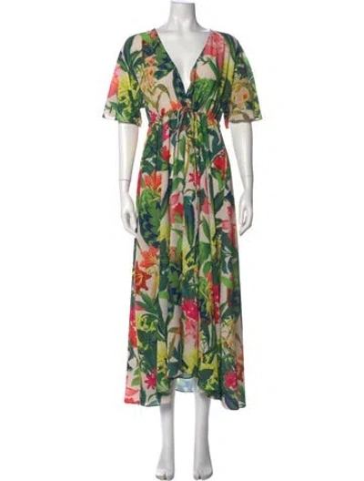 Pre-owned Cara Cara Floral Print Long Dress In Green