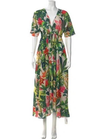 Pre-owned Cara Cara Floral Print Long Dress In Green