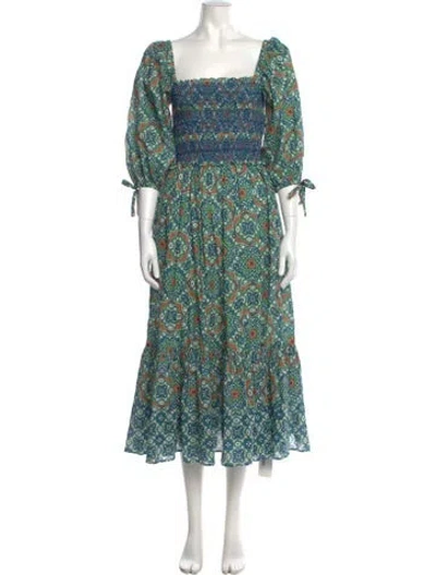 Pre-owned Cara Cara Floral Print Long Dress In Green