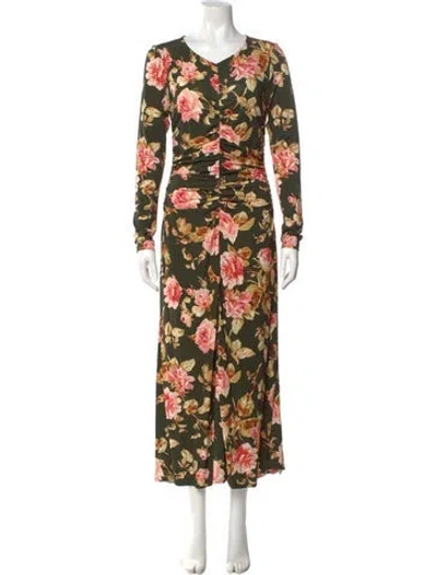 Pre-owned Cara Cara Floral Print Long Dress In Green
