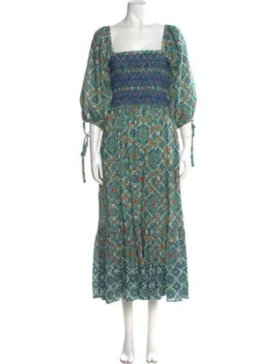Pre-owned Cara Cara Floral Print Long Dress In Green