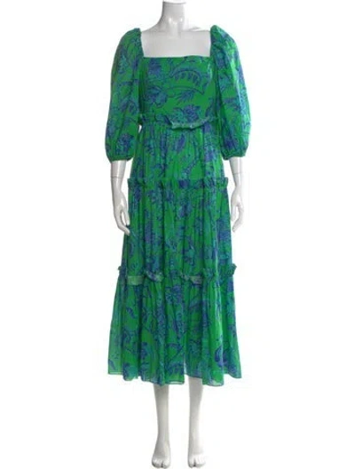 Pre-owned Cara Cara Floral Print Long Dress In Green