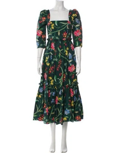 Pre-owned Cara Cara Floral Print Long Dress In Green